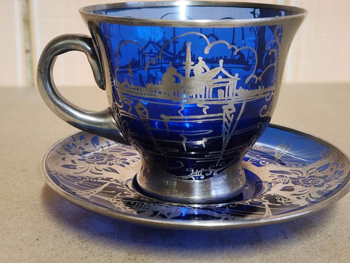 ART DECO VENETIAN COBALT GLASS SILVER OVERLAY DEMITASSE CUP AND SAUCER