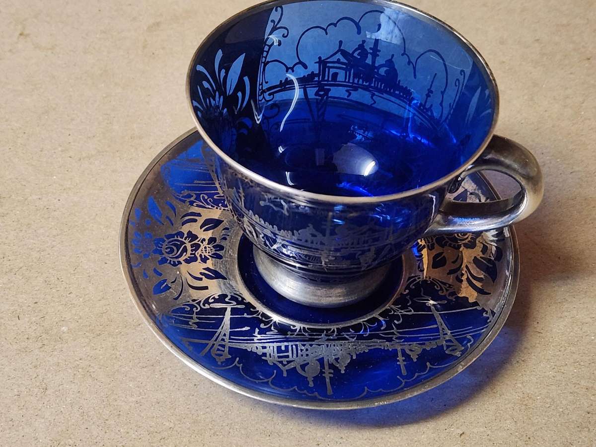 ART DECO VENETIAN COBALT GLASS SILVER OVERLAY DEMITASSE CUP AND SAUCER
