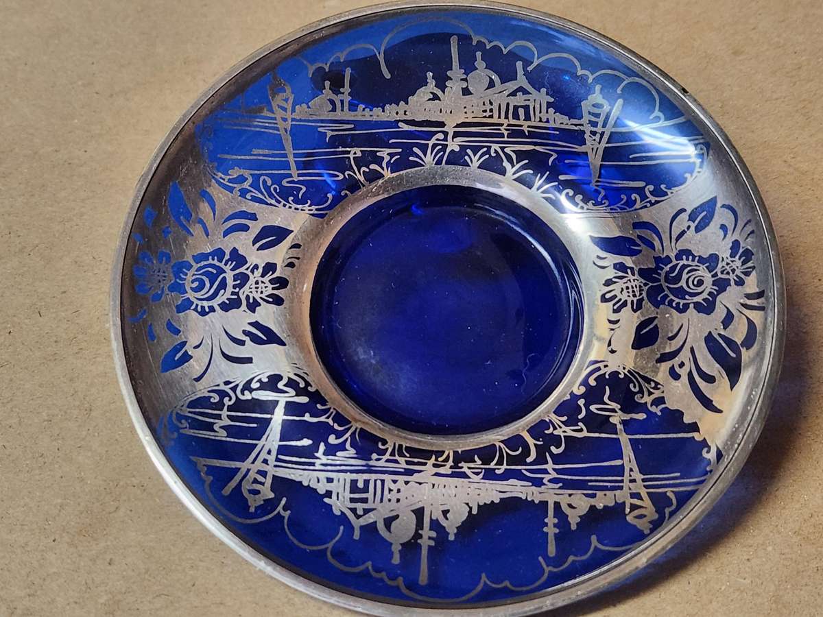 ART DECO VENETIAN COBALT GLASS SILVER OVERLAY DEMITASSE CUP AND SAUCER