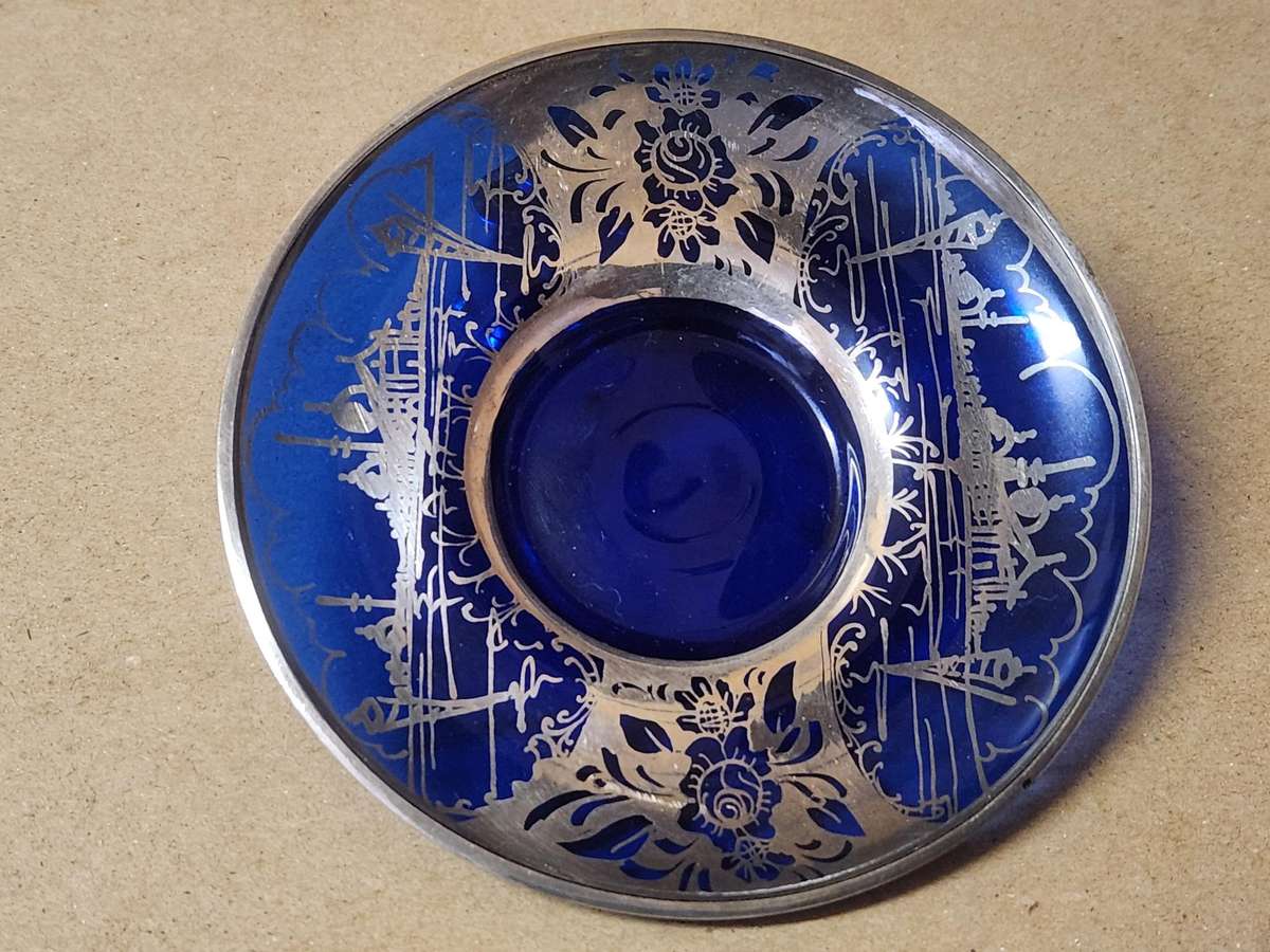 ART DECO VENETIAN COBALT GLASS SILVER OVERLAY DEMITASSE CUP AND SAUCER