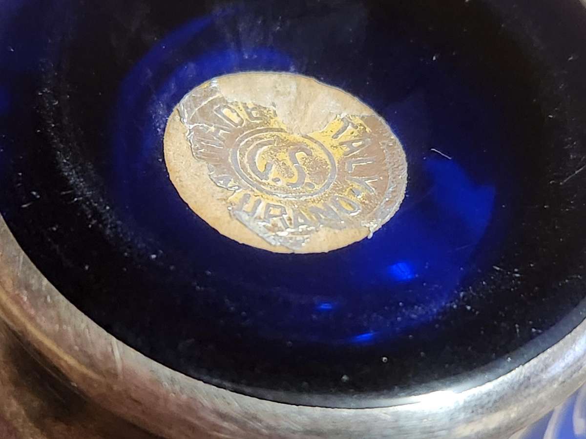 ART DECO VENETIAN COBALT GLASS SILVER OVERLAY DEMITASSE CUP AND SAUCER