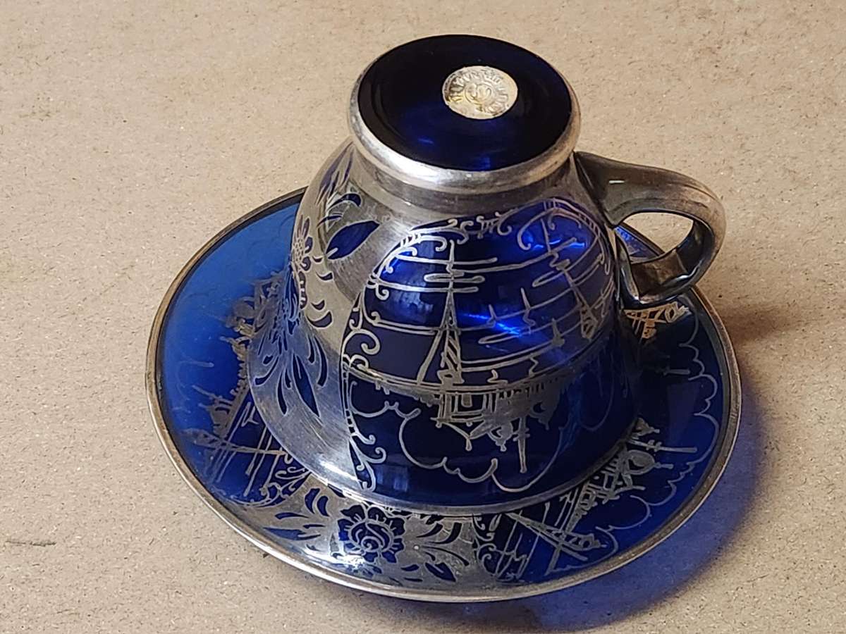 ART DECO VENETIAN COBALT GLASS SILVER OVERLAY DEMITASSE CUP AND SAUCER