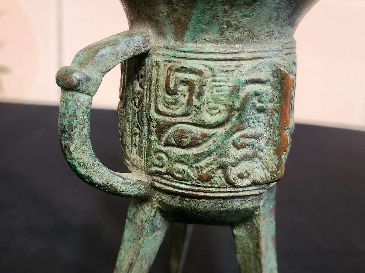 Antique Chinese Bronze Jue Tripod Wine Vessel