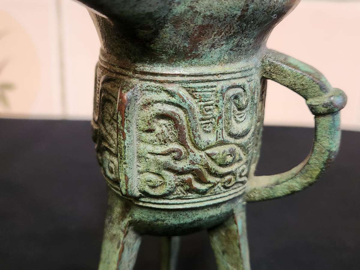 Antique Chinese Bronze Jue Tripod Wine Vessel