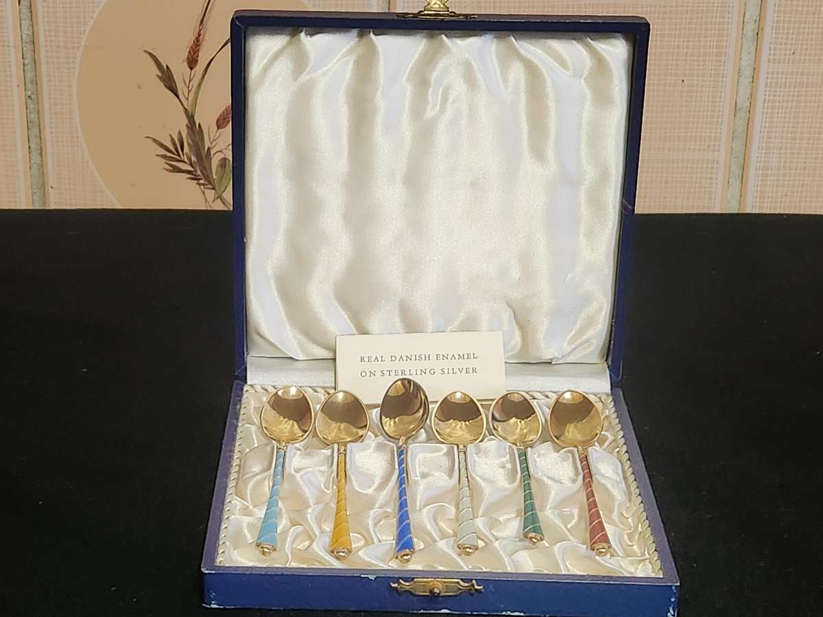 DANISH GILT STERLING SILVER AND ENAMEL COFFEE SPOON SET