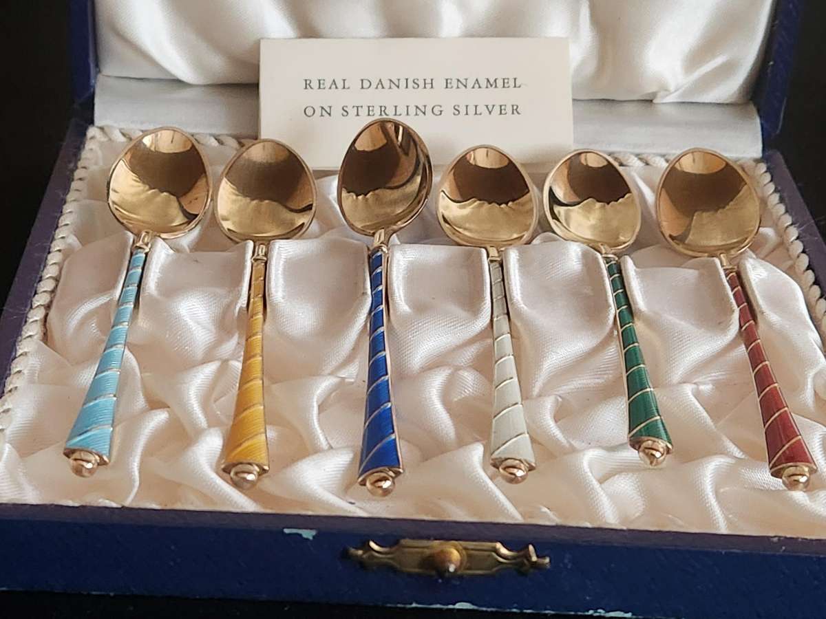 DANISH GILT STERLING SILVER AND ENAMEL COFFEE SPOON SET
