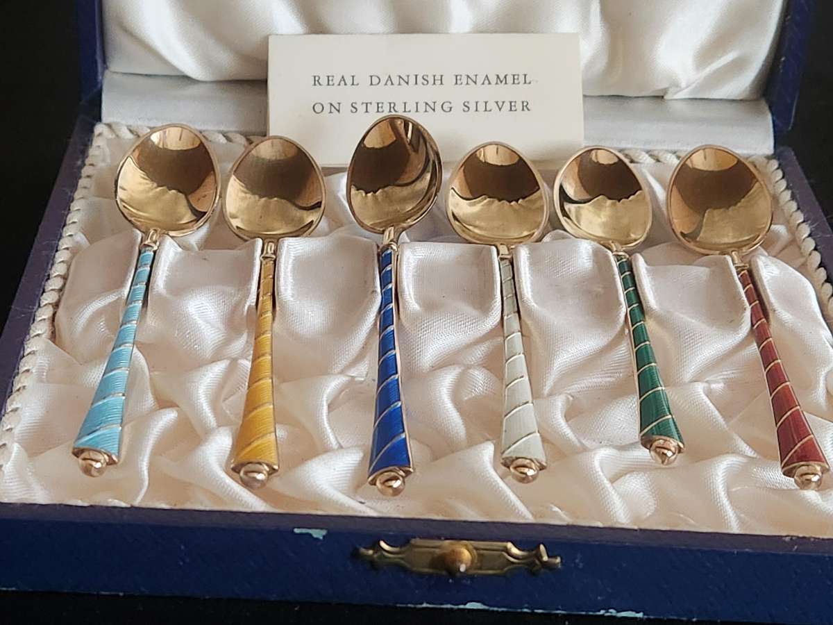 DANISH GILT STERLING SILVER AND ENAMEL COFFEE SPOON SET