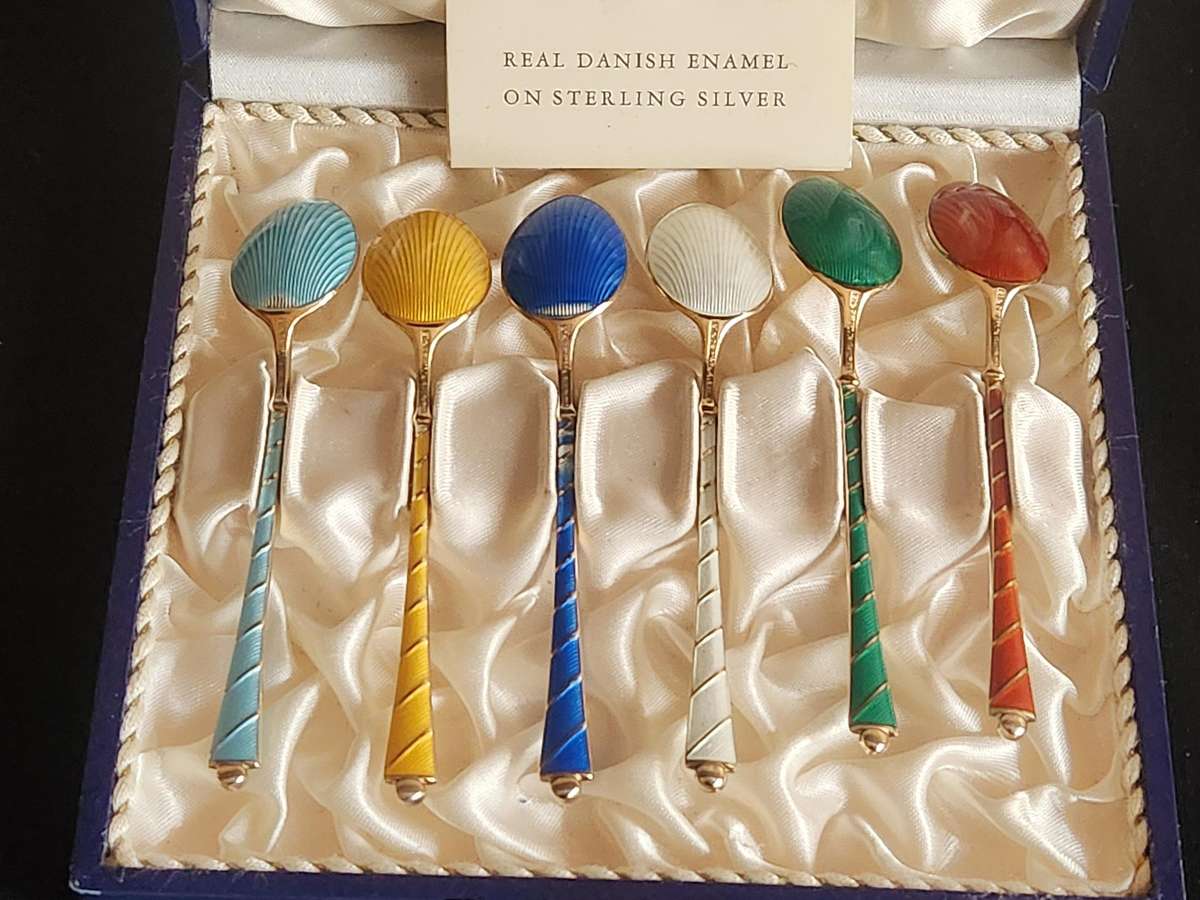 DANISH GILT STERLING SILVER AND ENAMEL COFFEE SPOON SET