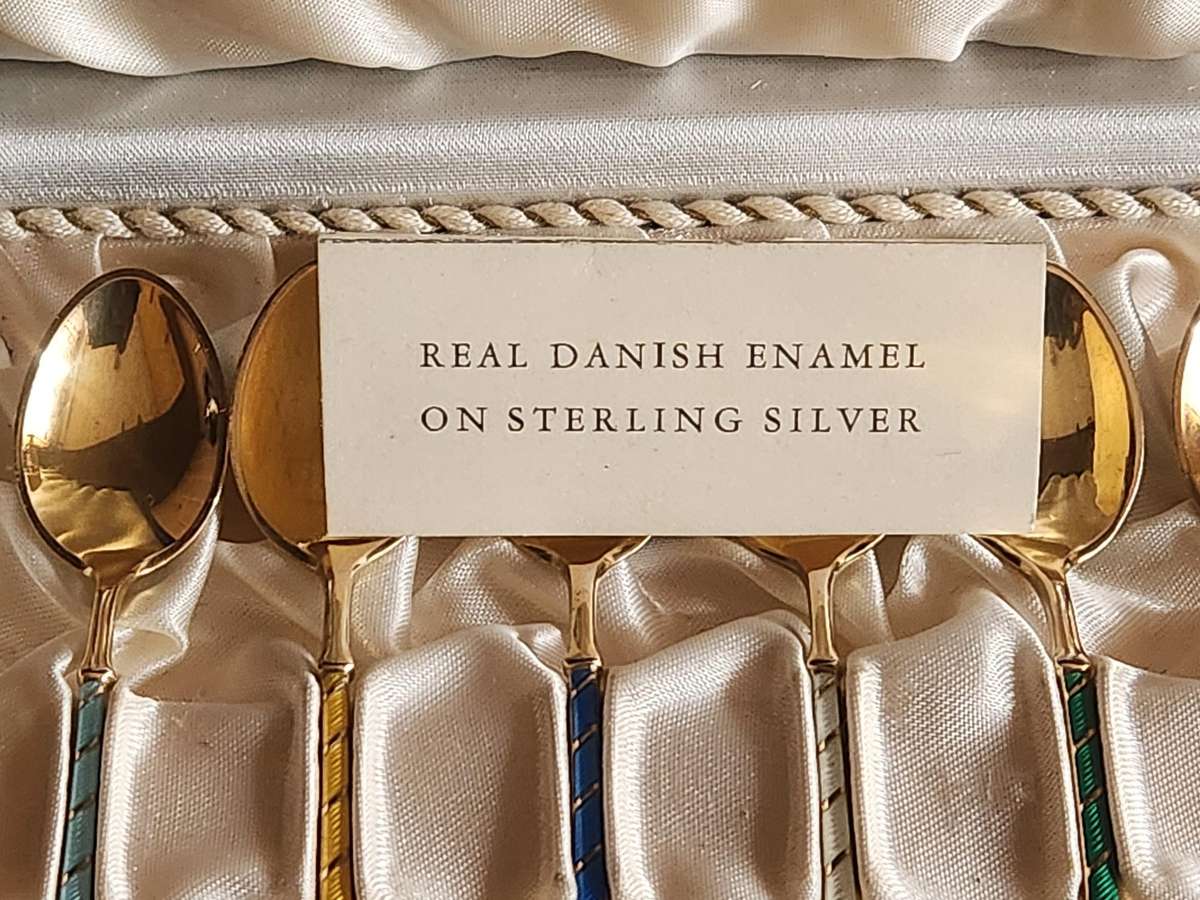 DANISH GILT STERLING SILVER AND ENAMEL COFFEE SPOON SET