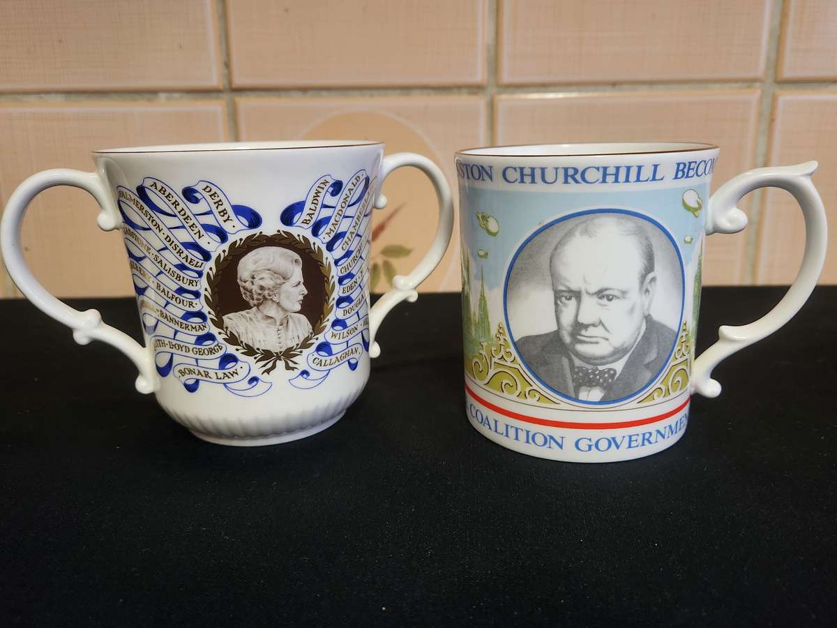 WINSTON CHURCHILL AND MARGARET THATCHER COMMEMORATIVE MUGS