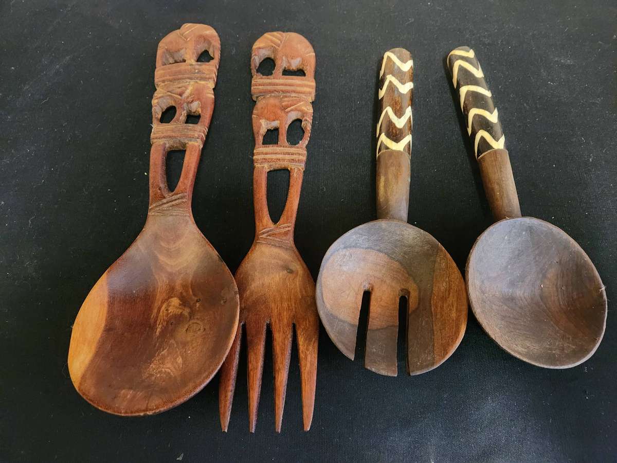 Ethnic African Wooden Salad Servers - 2 sets