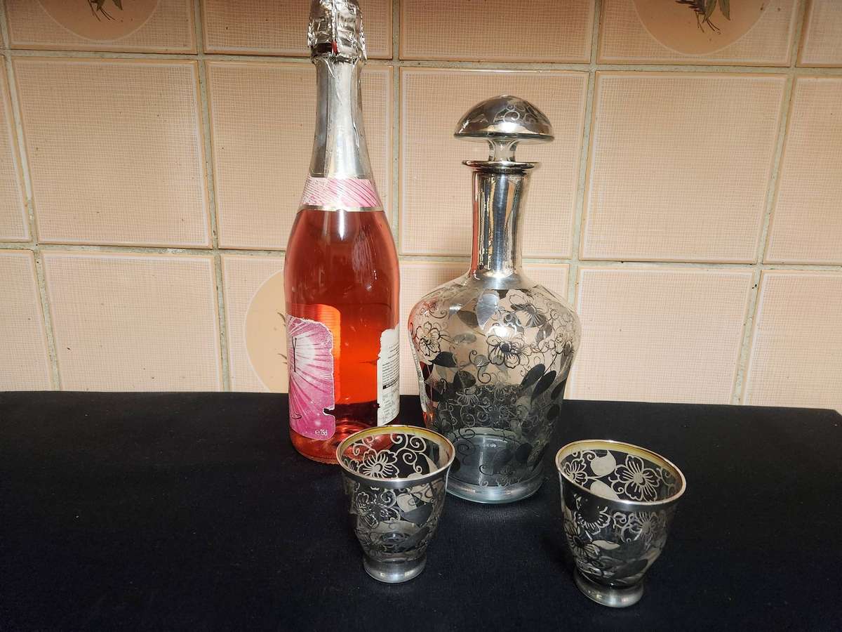 VINTAGE STERLING SILVER OVERLAY DECANTER AND TWO LIQUEUR GLASSES