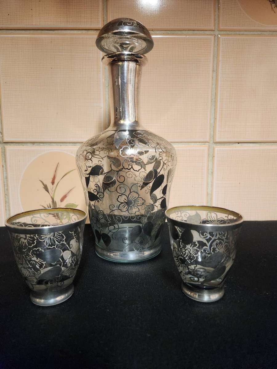 VINTAGE STERLING SILVER OVERLAY DECANTER AND TWO LIQUEUR GLASSES