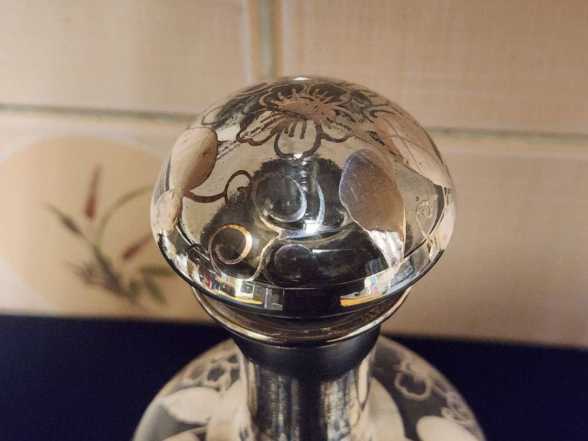 VINTAGE STERLING SILVER OVERLAY DECANTER AND TWO LIQUEUR GLASSES