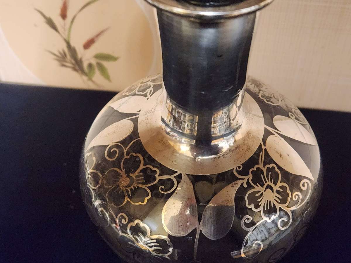 VINTAGE STERLING SILVER OVERLAY DECANTER AND TWO LIQUEUR GLASSES