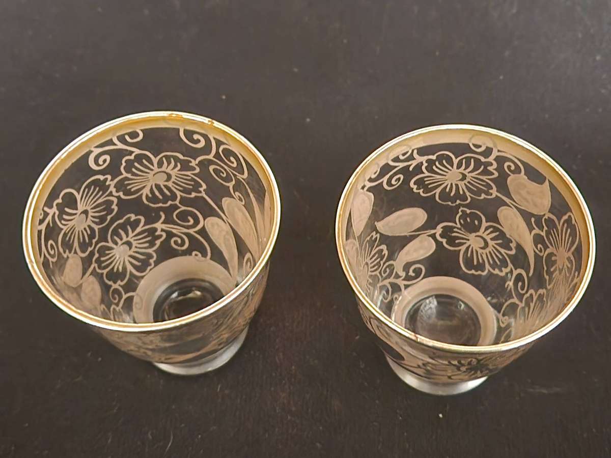 VINTAGE STERLING SILVER OVERLAY DECANTER AND TWO LIQUEUR GLASSES