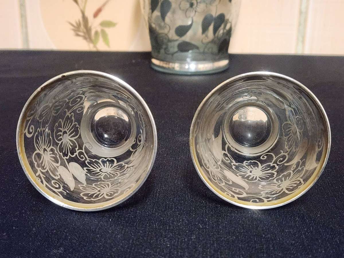 VINTAGE STERLING SILVER OVERLAY DECANTER AND TWO LIQUEUR GLASSES