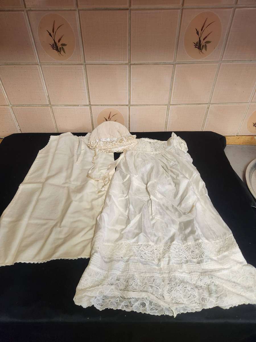 Vintage Lace and Silk Christening Gown, Under-Garment and Bonnet