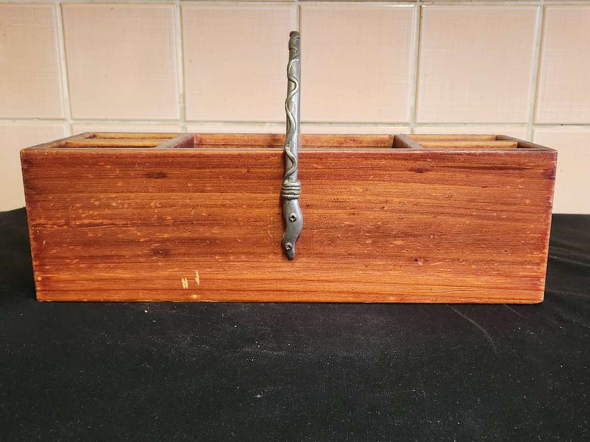 CARROL BOYES EARLY DESIGN WOOD AND PEWTER CUTLERY HOLDER