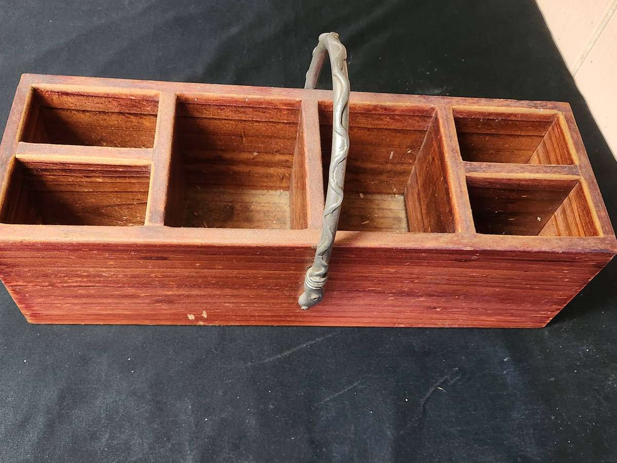 CARROL BOYES EARLY DESIGN WOOD AND PEWTER CUTLERY HOLDER