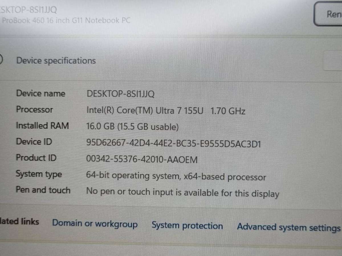 HP ProBook 460 G11  Intel Core Ultra 7 155U  16GB RAM  512GB SSD  16
