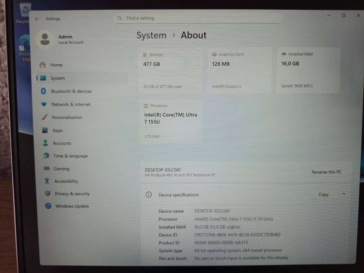 HP ProBook 460 G11  Intel Core Ultra 7 155U  16GB RAM  512GB SSD  16
