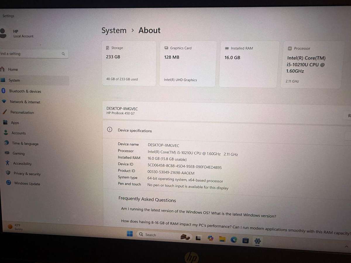 Hp Probook 450 G7 Core  I5 10TH Gen 16GB Ram 256gb fhd display lte mint