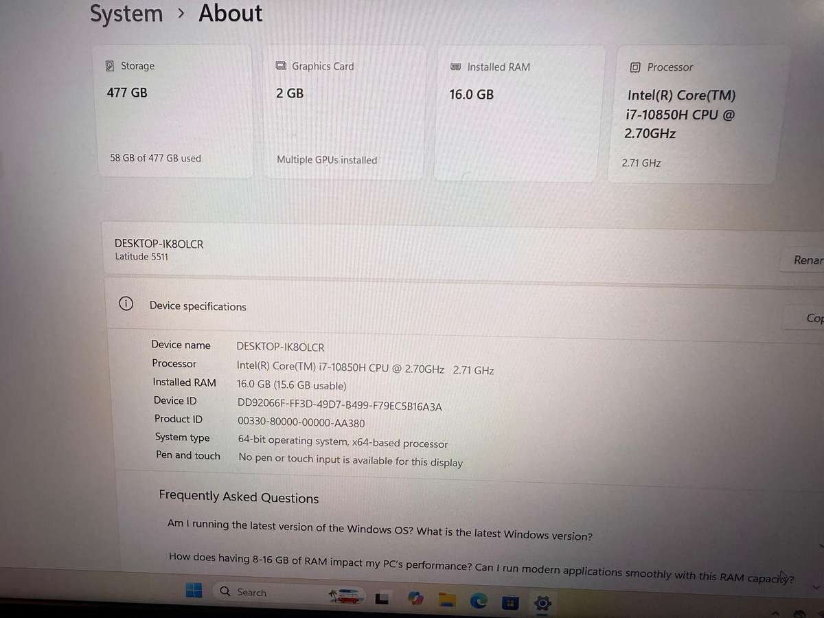 Dell latitude 5511 Core i7 10th gen 16gb ram 512gb ssd Nvidia Geforce Mx 250 lte