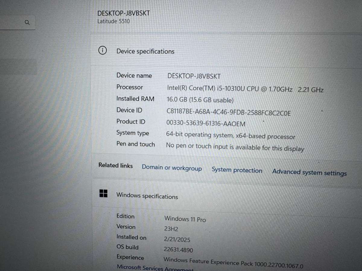 Dell Latitude 5510, 10th Gen Intel i5-10210U@1.6GHz, 16Gb Ram, 256GB Nvme Ssd 15.6` Fhd Display