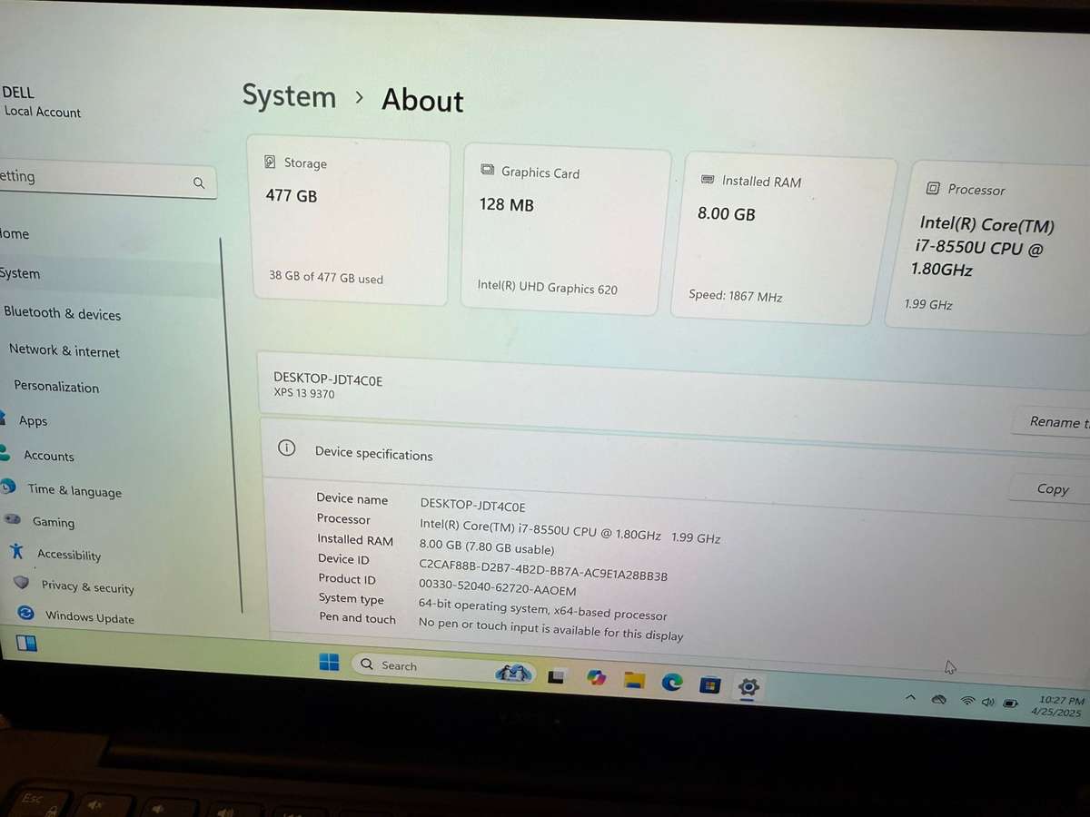 Dell  xps 13 9370 I7 8th gen  8gbram 512gbssd fhd display New Battery