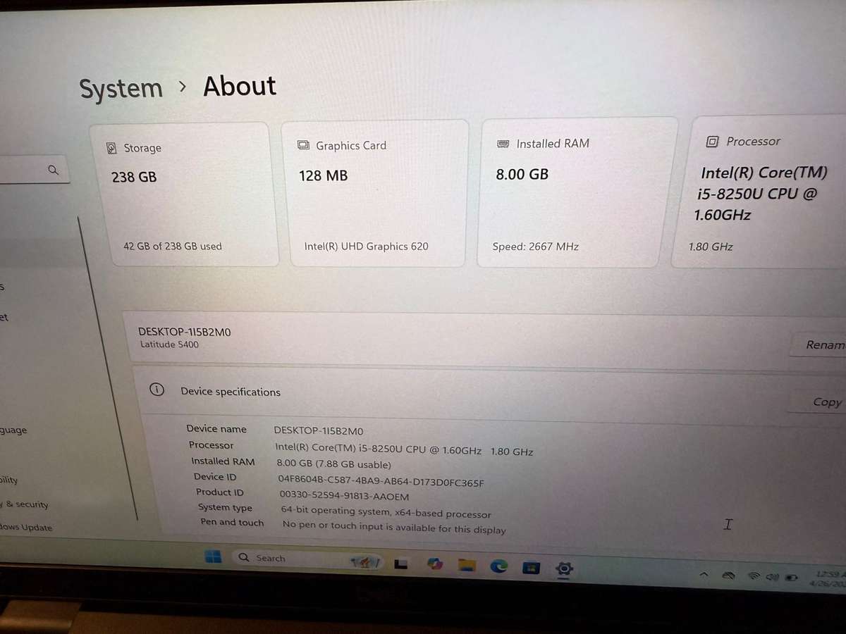 Dell Latitude 5400, 8th GEN I5-8365u@1.6ghz, 8GB RAM, 256gb NVMe SSD, 14` FHD Display, Win11 LTE