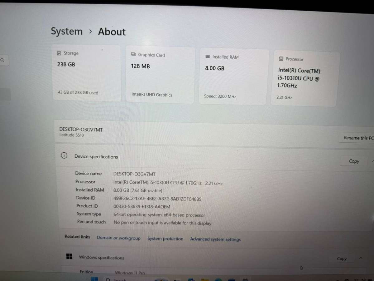 Dell Latitude 5510, 10th Gen Intel i5-10210U@1.6GHz, 8Gb Ram, 256GB Nvme Ssd 15.6`