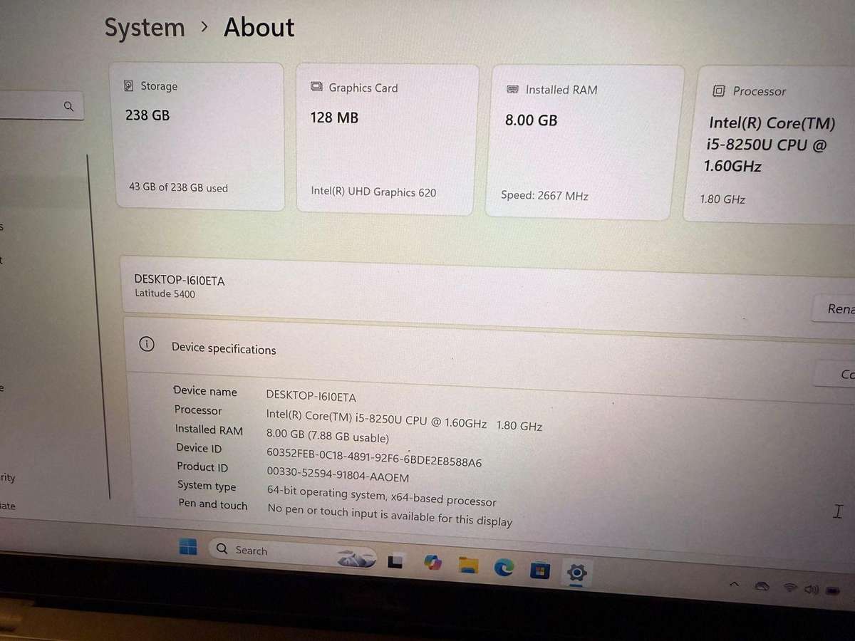 Dell Latitude 5400, 8th GEN I5-8365u@1.6ghz, 8GB RAM, 256gb NVMe SSD, 14` FHD Display, Win11 LTE