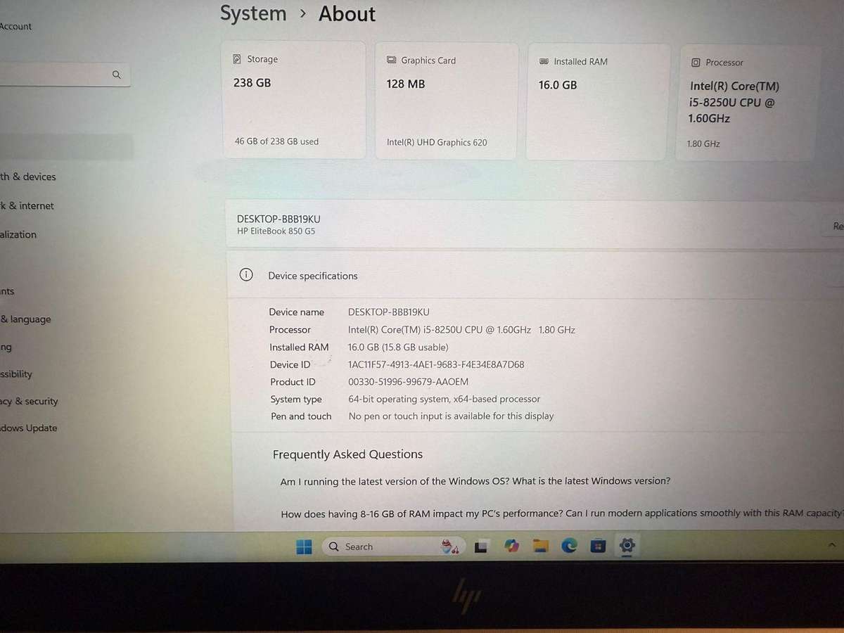 HP EliteBook 850 G5 Base Model Lte  i5 8TH Gen 16GB ram ,256gbm.2 SSD, 15.6`` FHD Display