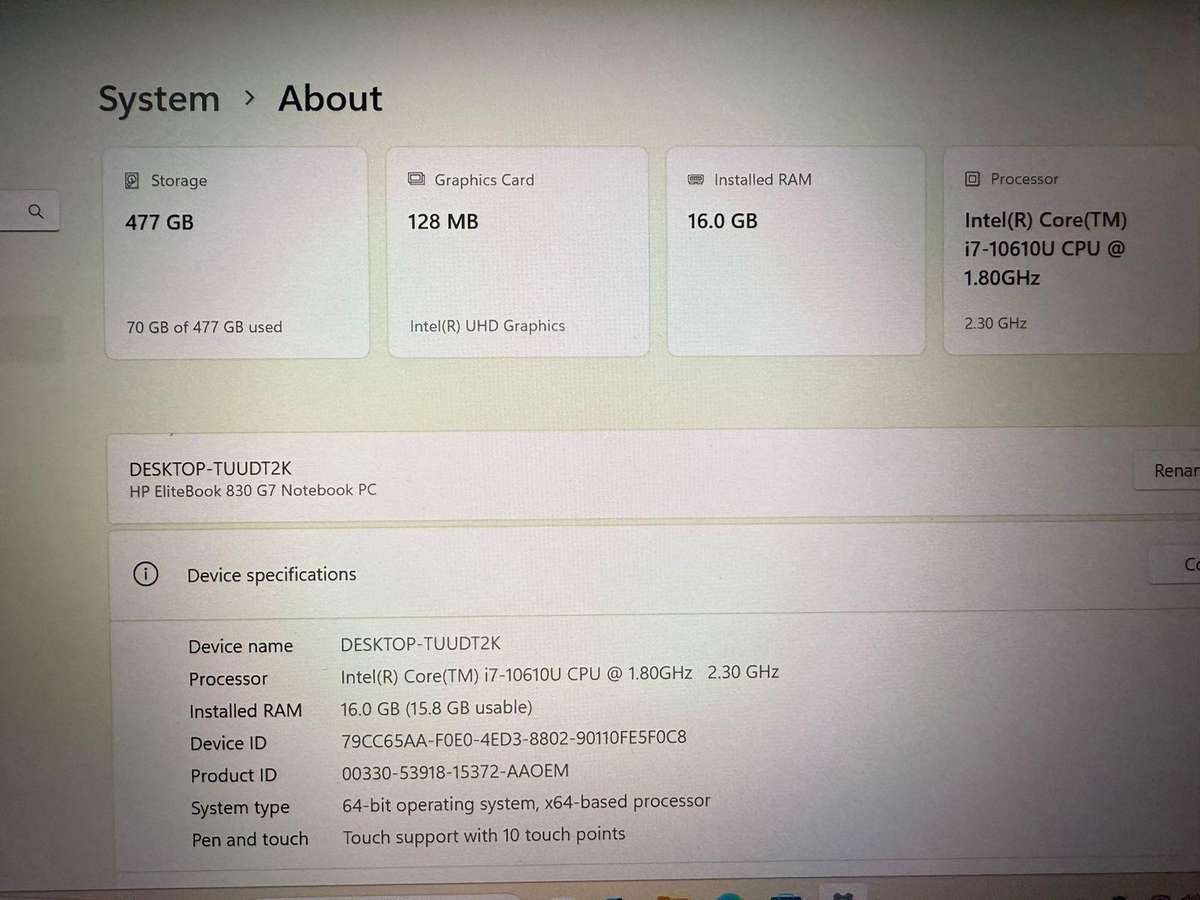 HP EliteBook 830 G7 Touchscreen Core i7 10th gen  13.3" FHD 16 gb ram 512gb ssd  Backlit Keyboard