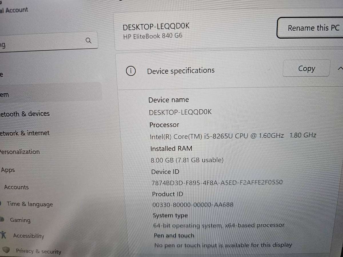 HP EliteBook 840 G6 8th Gen i5-8265U 8GB RAM 256GB SSD FHD Display LTE