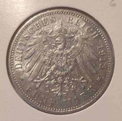1913 Germany 5 Mark Silver Crown