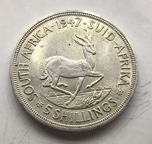 1947 South Africa 5 Shilling Crown Silver coin