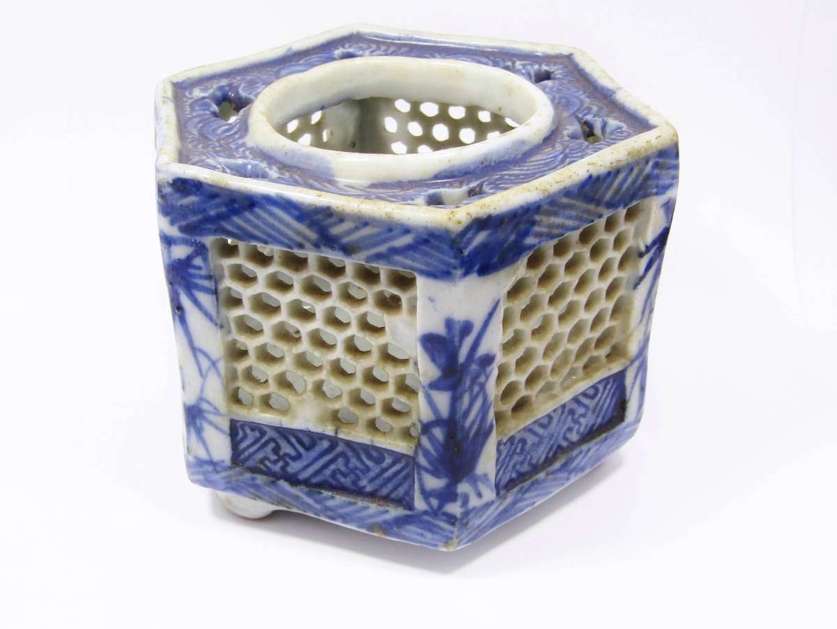 Antique Japanese Blue & White Reticulated Cricket Cage