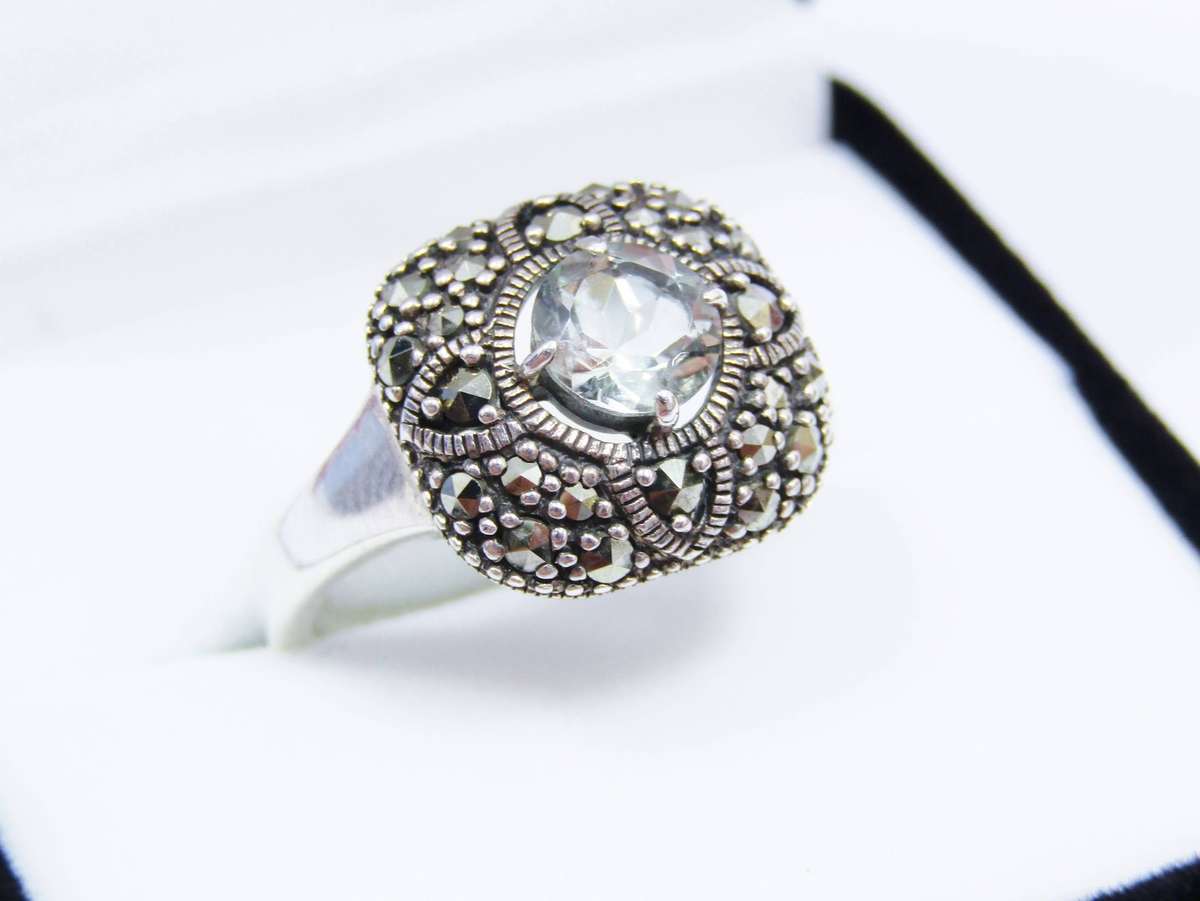 A Lovely Vintage Design  Marcasite and Prasiolite Ring in Sterling Silver.