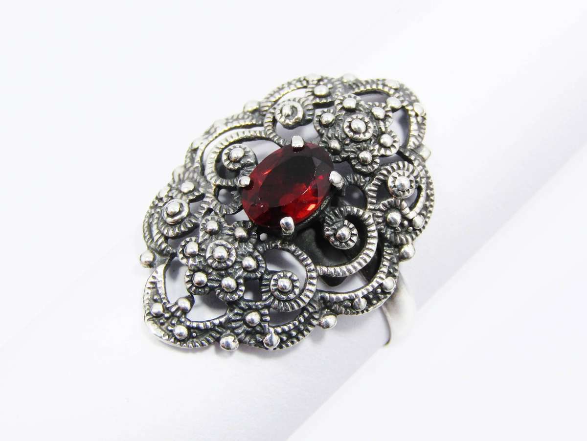 An Amazing Filigree Garnet And Marcasite  Ring in Sterling silver