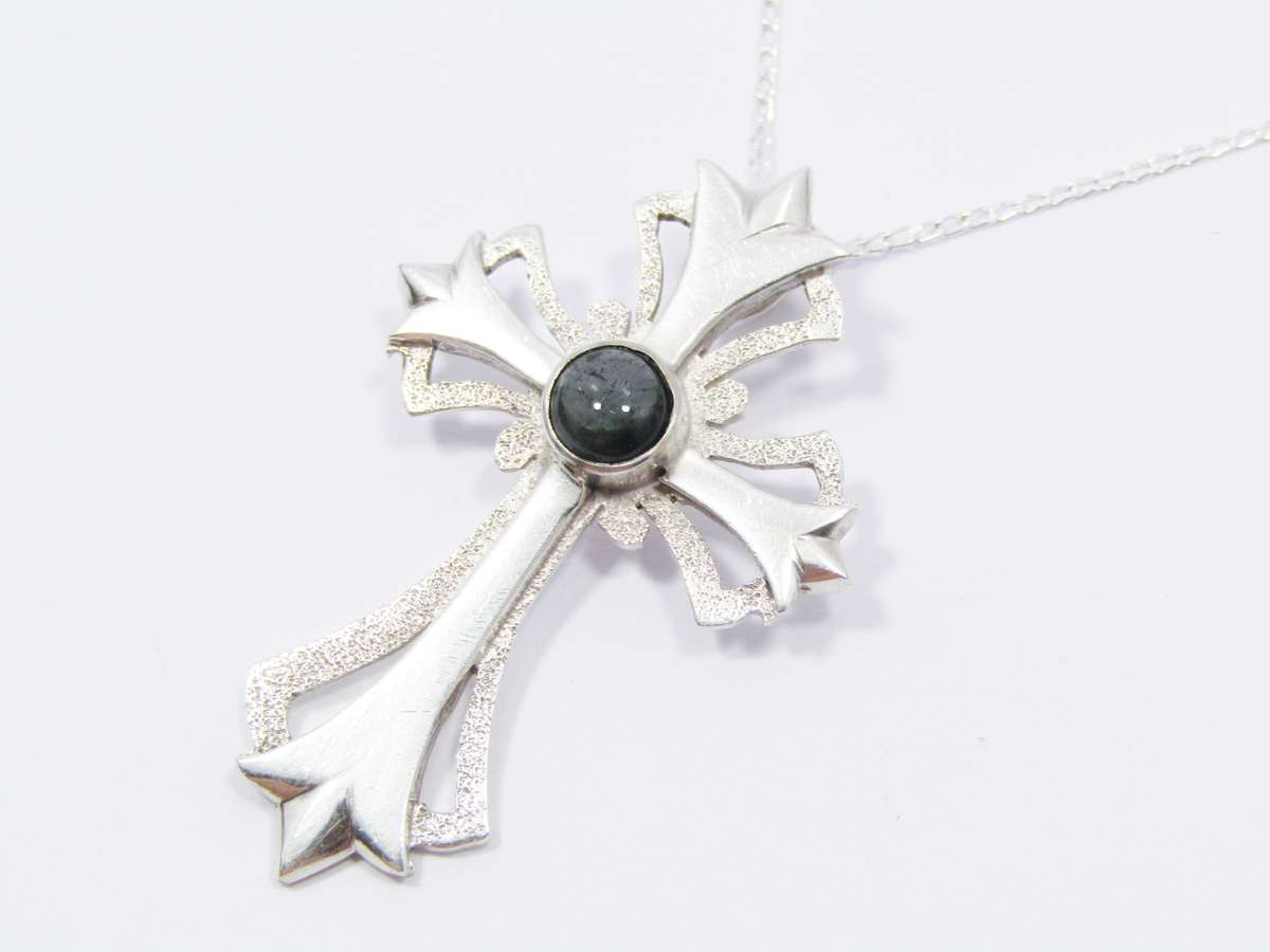 A Gorgeous Textured Tourmaline Stone Cross on Chain in Sterling Silve