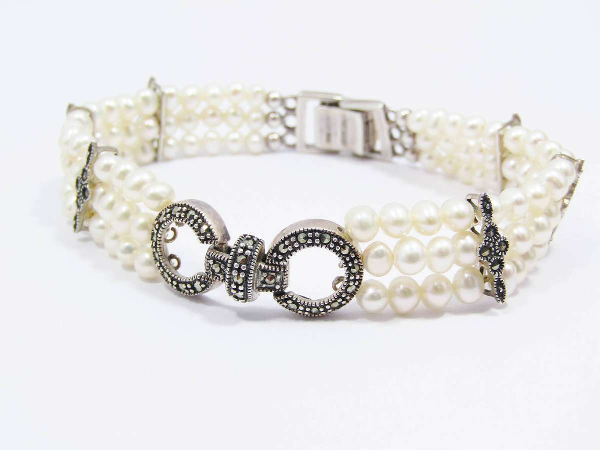 A Beautiful Multi Strand Fresh Water Pearl and Marcasite Bracelet in Sterling Silver