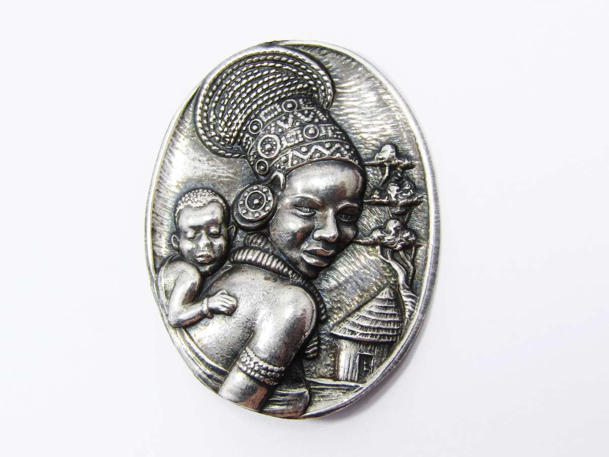 Vintage Candida Sterling Silver African Themed Brooch