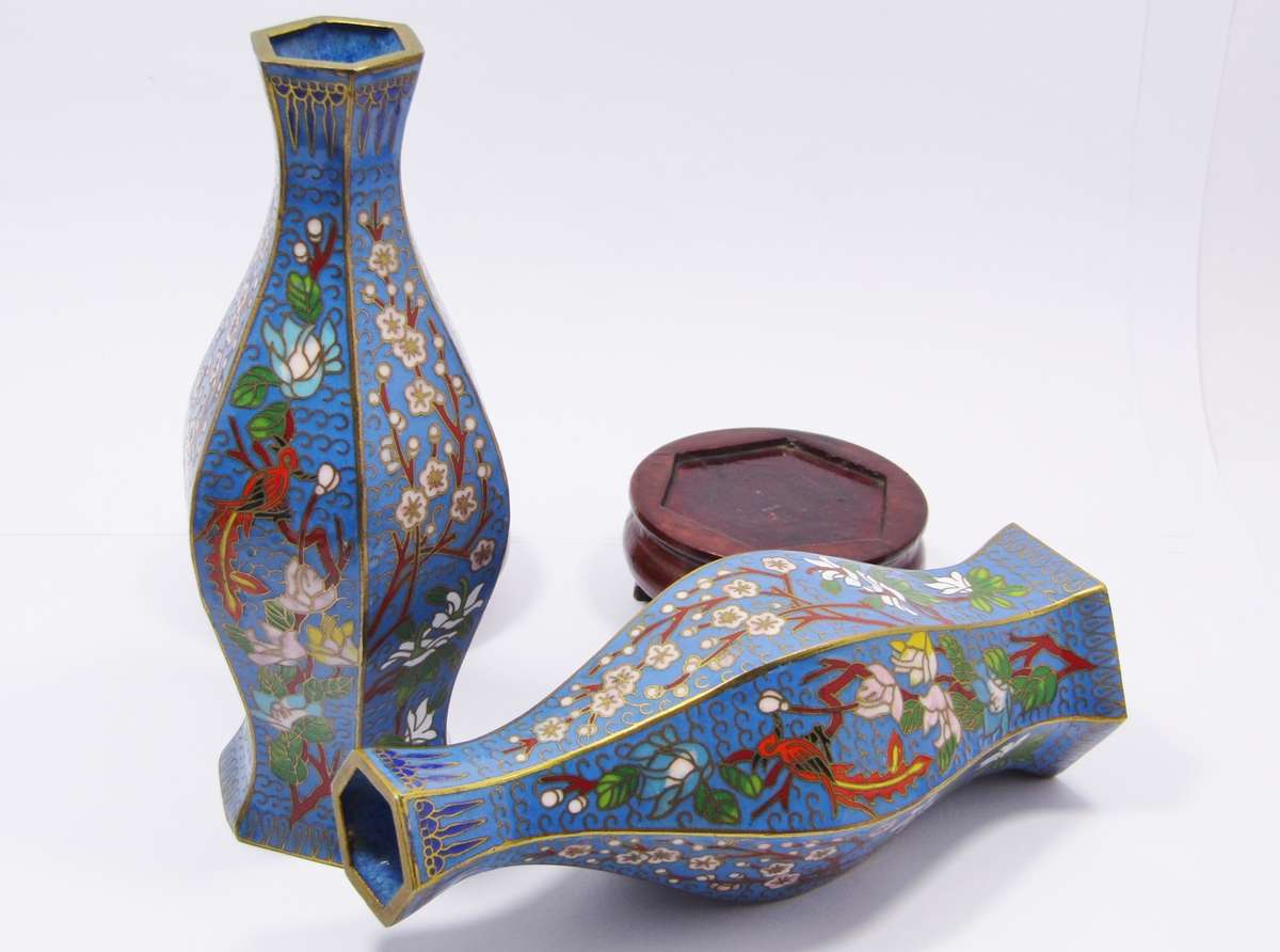 Pair of Finely Made Hexagonal Cloisonne Vases on Stands