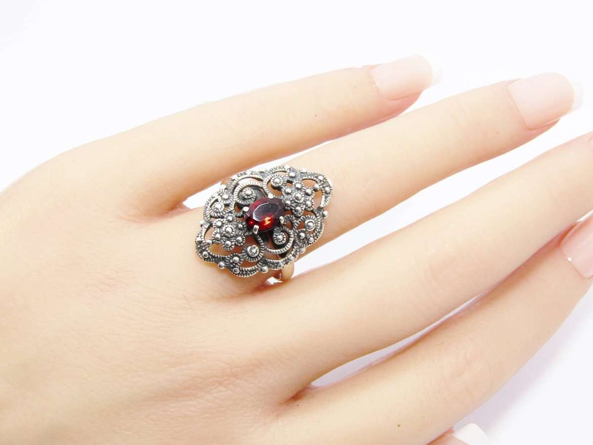 An Amazing Filigree Garnet And Marcasite  Ring in Sterling silver
