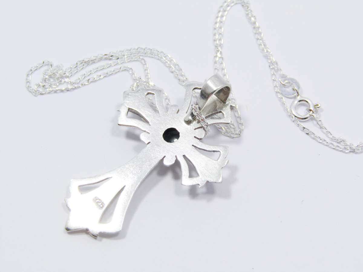 A Gorgeous Textured Tourmaline Stone Cross on Chain in Sterling Silve