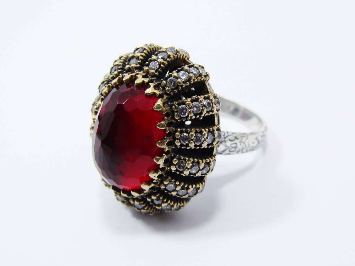 A Stunning cabochon Faceted  Red Stone Ring with a Copper over Sterling Siler Ring