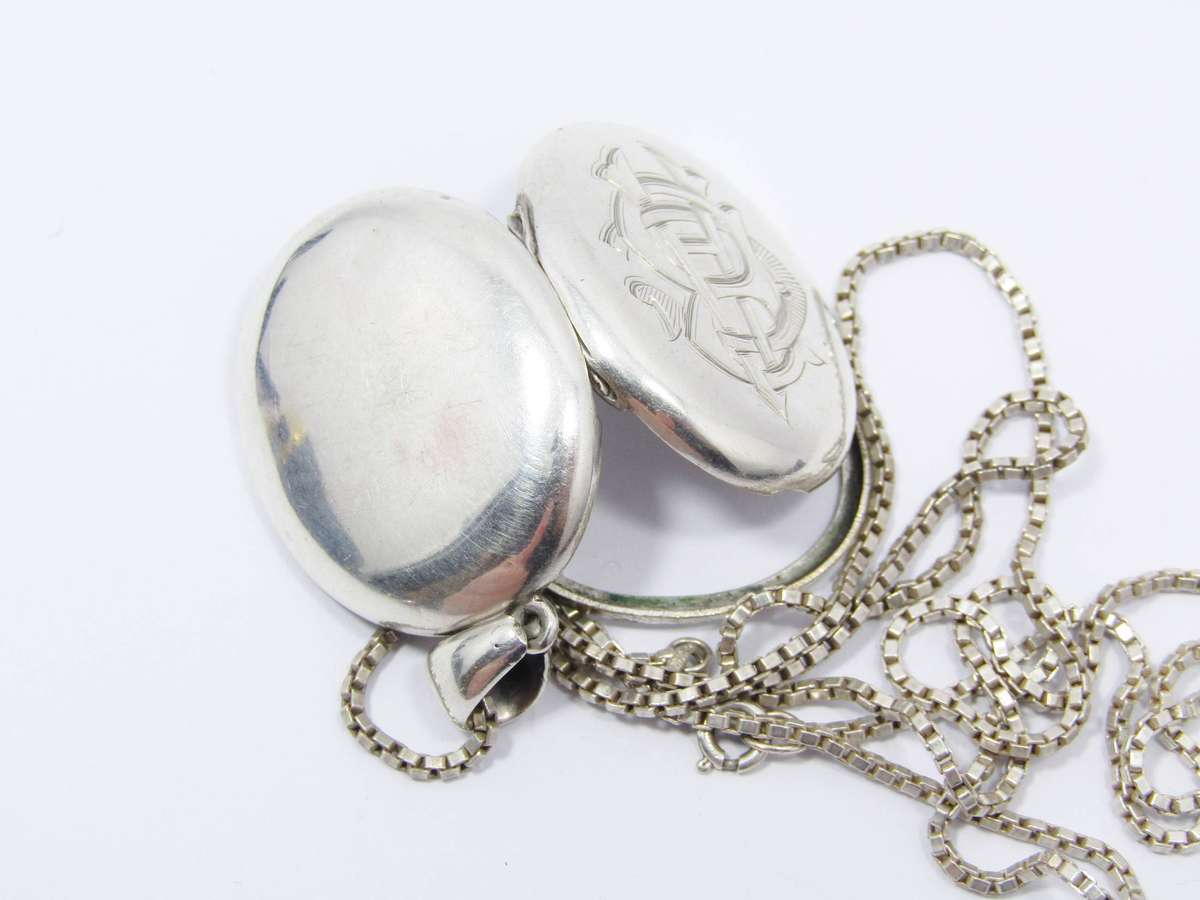 Antique Monogrammed Sterling Silver Locket Necklace