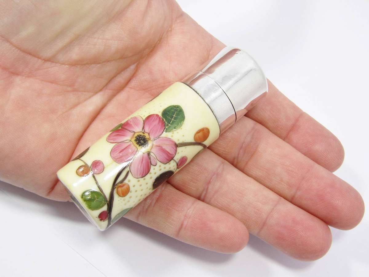 Antique Victorian Sterling Silver & Hand-Painted Porcelain Perfume